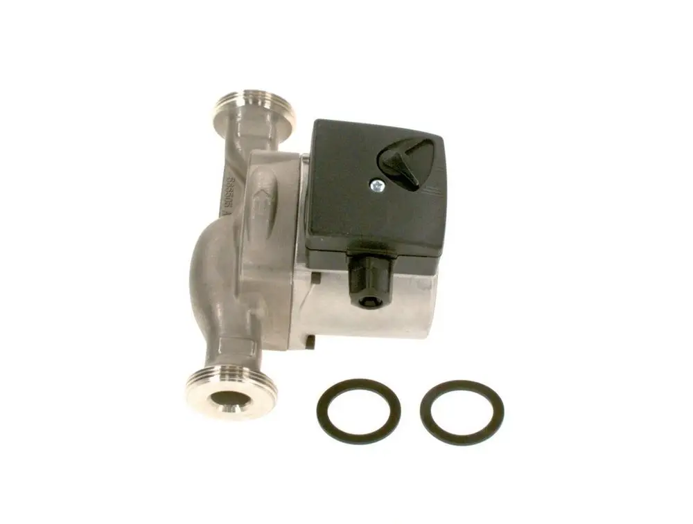 Bosch-Pumpe mit einem motorisierten Gehäuse und zwei Anschlussöffnungen, begleitet von zwei O-Ringen.